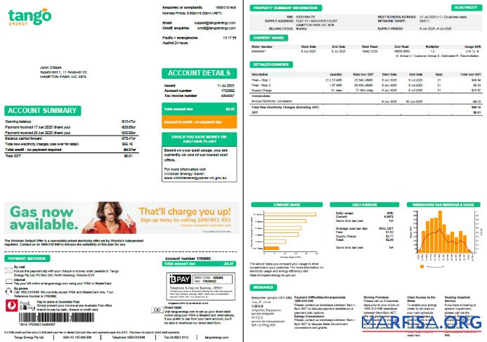 Printable Australia Tango Energy utility bill template in Word and PDF formats, 2 pages